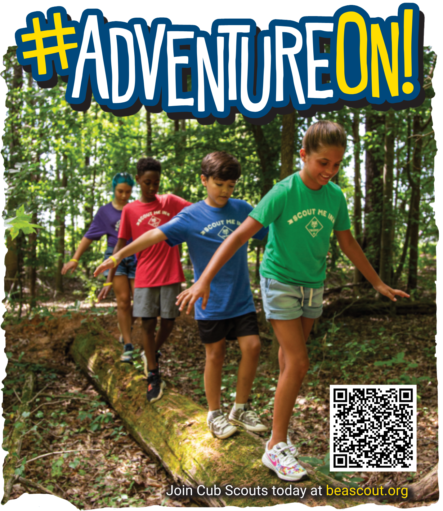 four children in cub scout shirts walking on a log in the woods